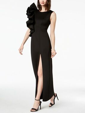 Betsy & Adam Black One-Shoulder Ruffle Maxi Gown with Front Slit